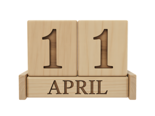 Wooden calendar blocks showing the date 11 april on a transparent background