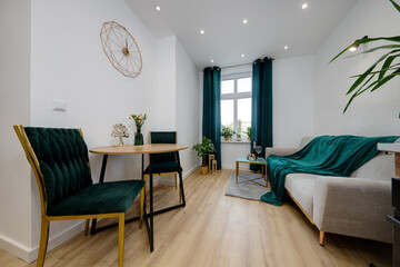 Salon w nowoczesnym apartamencie w zielonej tonacji kolorystycznej © arteffect.pl