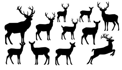 Deer silhouettes set vector illustration, black deer silhouette icon bundle
