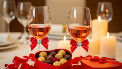 Romantic Valentine's Day setup with wine and chocolates on a candlelit table