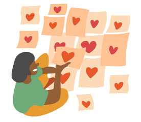 female shows hearts on paper in doodle style in vector. Element for poster sticker design decoration postcards prints