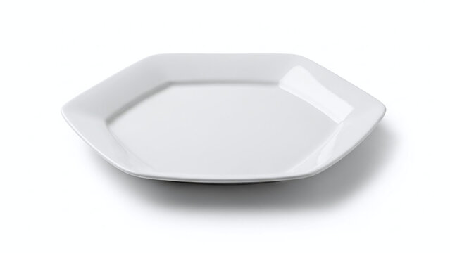 Clean white octagonal plate sits empty on a white surface, ready for food presentation. isolated on white background