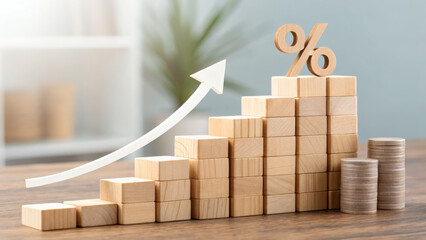 Growth and financial progress visualized with wooden blocks and rising arrow