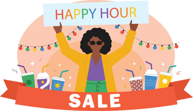 Woman holding Happy Hour sale sign with colorful drinks