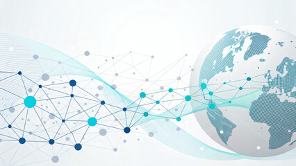 Global network connections and data flow visualized with a world globe