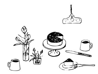 ナチュラル線画のイラストセット素材集 チーズケーキ、チューリップ、おやつの時間 © brandnewdays_yumi