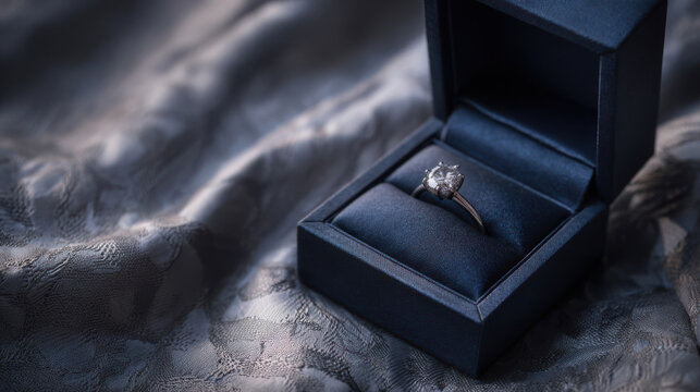 Engagement ring placed in a black box on satin fabric with a subtle design displaying elegance and style