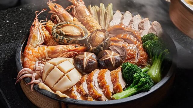 A round skillet brims with lobster,shrimp,  scallops, mushrooms, greens, and sliced fish atop. tasty