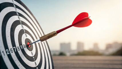 A red dart hitting the bullseye of a classic target board