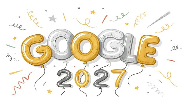 Google logo formed of celebratory balloons and the year two thousand twenty seven