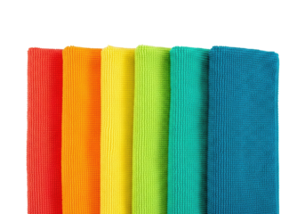 close-up of five neatly folded microfiber cleaning cloths forming a vertical color gradient against a transparent background, high-key lighting, texture detail. concept of cleanliness and efficacy