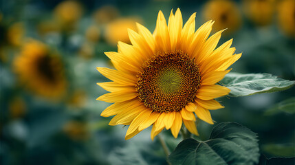 Fototapeta premium Close-up of a vibrant sunflower in full bloom with green foliage and bright cheerful outdoor scene
