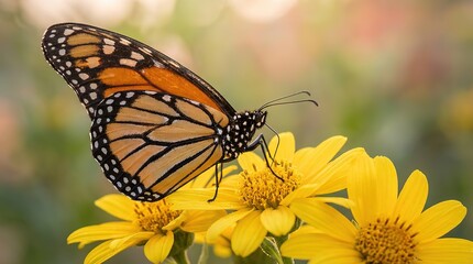 Fototapeta premium Close - up: Monarch Butterfly Perching on Yellow Flower, Focus on Wing and Petal Details, with Soft Light and Blurred Background