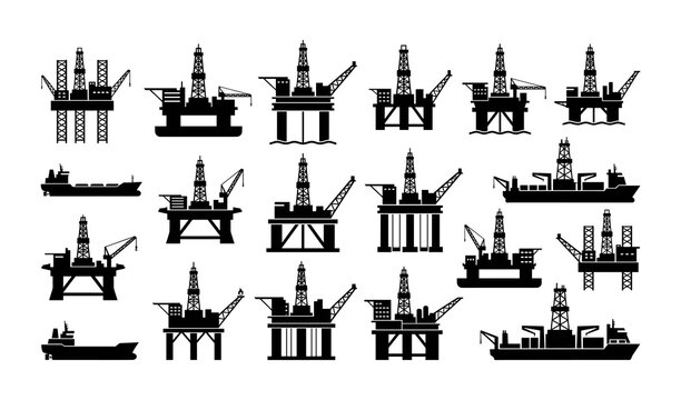 Offshore oil rig and gas platform icons set
