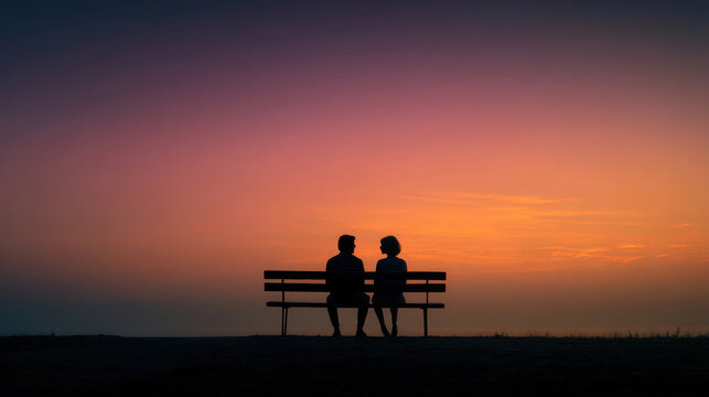 Couple sitting on a bench during sunset at an outdoor location with orange and purple sky