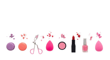 Cosmetic Products and Makeup Tools Border Design on White Background