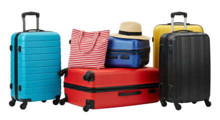 Colorful Travel Luggage Collection with Hat and Tote Bag Isolated on White