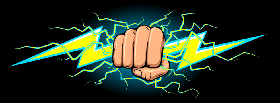 zeus hand fist front view holding yellow lightning bolt rod illustration vector isolated on black background