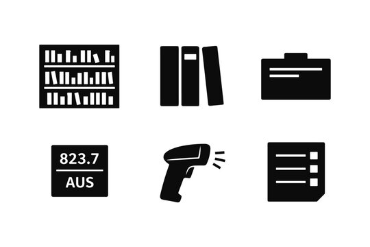 Library icons: books, folders, barcode scanner, dewey decimal, and notepad silhouettes