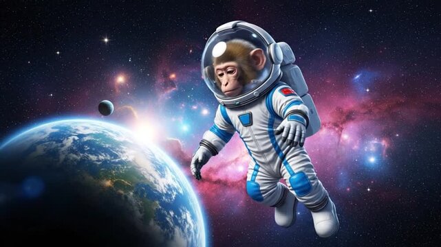 Monkey Astronaut Floating in Space Near Earth and Nebula