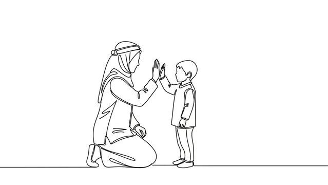 High-Five Line Drawing Vector Featuring Child and Adult in Headscarf for Encouragement, Cultural Bonding, and Faith-Based Positive Interaction Projects