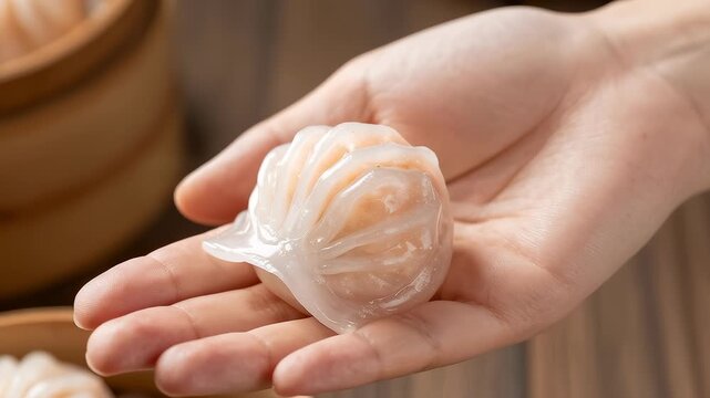 Close up of a hand holding a translucent crystal shrimp dumpling