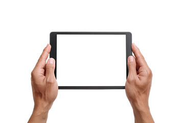 Hands holding a tablet computer with a blank white screen