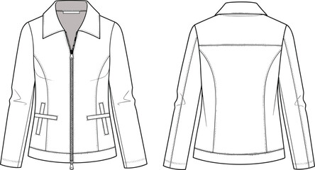 PrintTechnical flat sketch of a women's zip-up jacket with collar, princess seams, welt pockets, and back yoke, front and back. © MstMahannahara