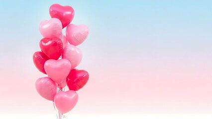 A cluster of pink heart shaped balloons floating against a pastel background