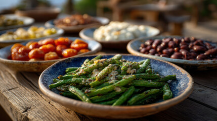 Fototapeta premium Green beans with garlic and seasoning served on plate with less processed food options including beans, tomatoes, and cauliflower in background