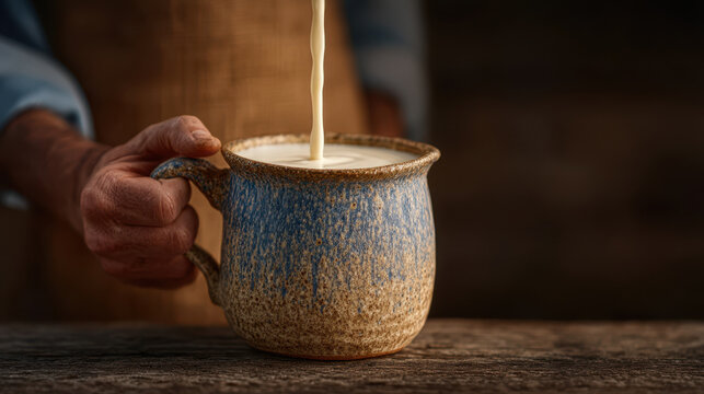 Milk pouring into ceramic cup held by hand on wooden table with less processed food concept - Powered by Adobe