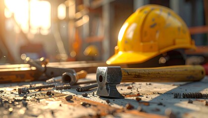 Construction Site Safety - Hard Hat and Tools on Workbench.