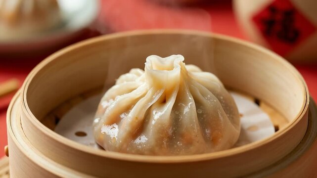 Steaming soup dumplings in bamboo steamer with New Year background