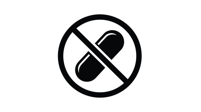 A black and white illustration depicting a prohibition sign with a capsule inside