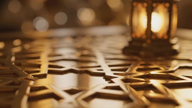 Intricate geometric pattern illuminated by soft lantern light in a warm setting