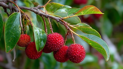 Obraz premium Bright red, spiky globe fruits hang from a woody branch surrounded by glossy green foliage