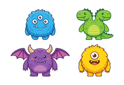 Cute cartoon monsters vector illustration set on white