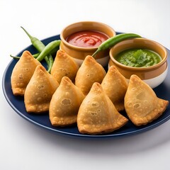 Golden crispy samosas served on a blue plate with red and green chutneys and fresh green chilies.