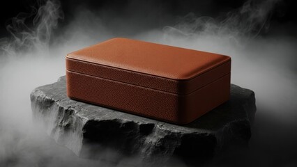 Luxurious leather jewelry box on rugged stone with misty ambiance