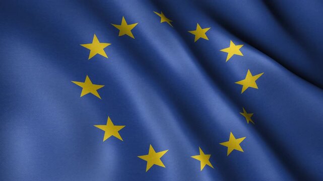 European Union Flag Animation Loop &ndash; Blue Background with Circle of Yellow Stars, Waving Fabric Texture, Seamless Motion for News, Politics, Business, Travel and Broadcast Video Projects