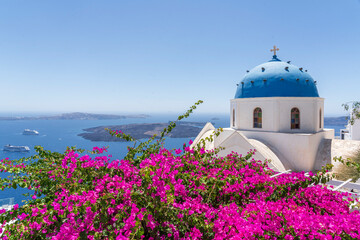 Blue Dome Church and Bougainvillea in Santorini, Greece