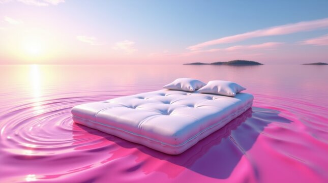 Double bed floating in the pool, comfortable mattress and pillows, tranquility and beauty of sunset, summer vacation concept. 
