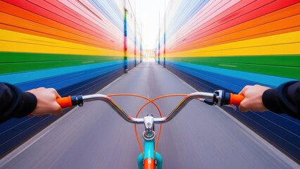 Riding a bike through a vibrant rainbow tunnel with motion blur