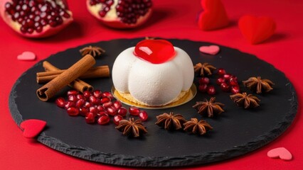 Delicious white chocolate mousse dessert with pomegranate and cinnamon on black slate plate