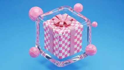 Pink gift box with bow in transparent glass cube and pink orbs floating around
