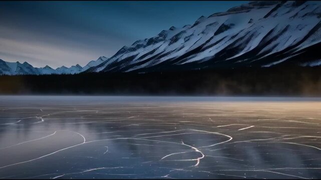 Frozen Lake Scene with Snowy Mountains at Dusk