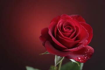 A beautiful red rose with water droplets on its petals against a dark background
