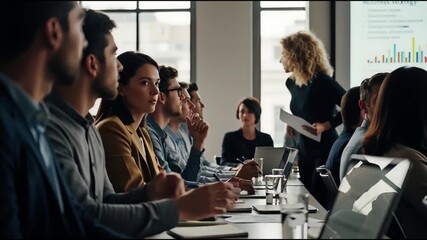 Business professionals engaged in a meeting with a presenter at the forefront in a modern office setting with natural light - Powered by Adobe