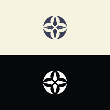 Abstract geometric symbol resembling a compass or star within a circle on a cream and black background