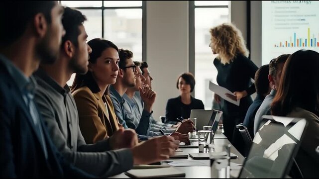 Business professionals engaged in a meeting with a presenter at the forefront in a modern office setting with natural light